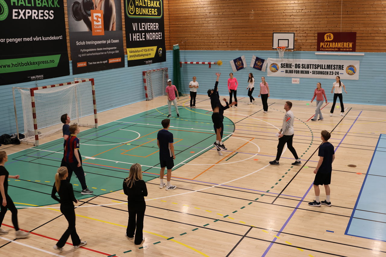 Foto av elever som spiller kanonball i Idrettshallen